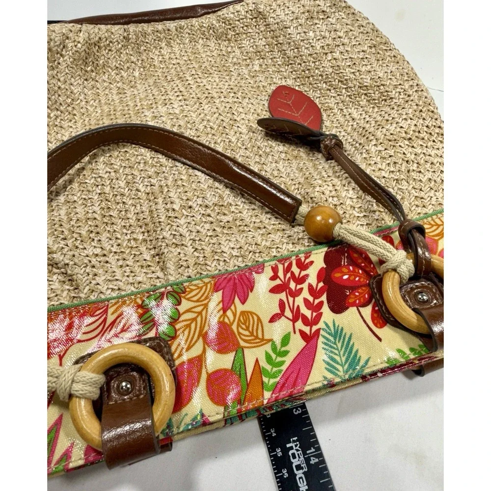 Merona Tropical Floral Straw Shoulder‎ Bag Brown Handles Leaf Charms 13x16 EUC